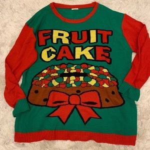 Red, green Christmas fruitcake sweater. Super fun, sweater contest ready! Unisex